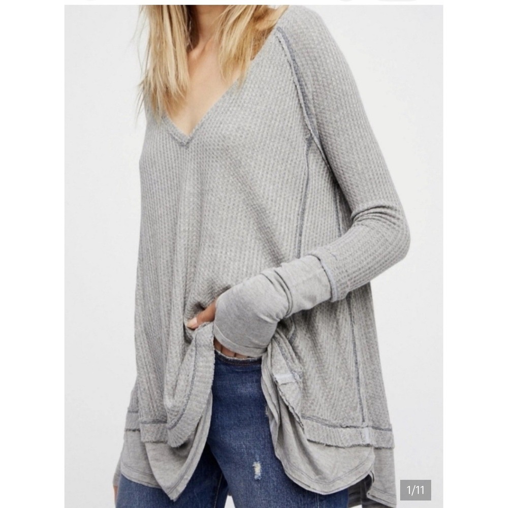 We The Free Laguna Waffle Knit Top Womens M Oversized Gray Bohemian Tunic